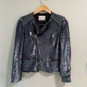 IRO Cuzia Black Sequin Moto Jacket with Leather Trim – Size 2 (US Small)